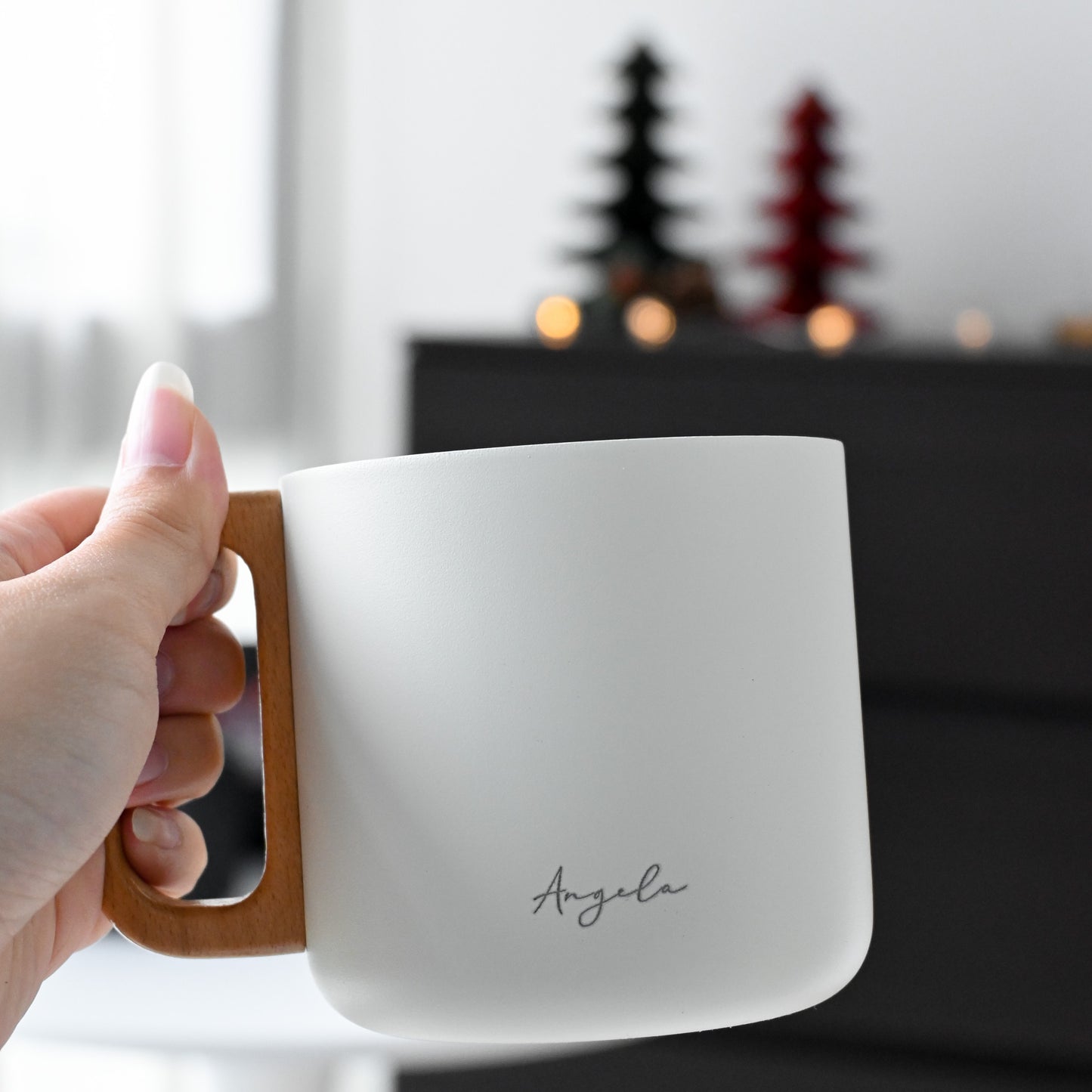 Personalised Engraved Coffee Mug with Birch Wood Handle (Black/White) Christmas Gift Singapore