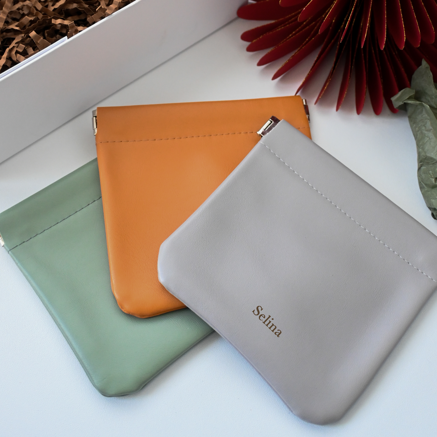 Personalised Engraved Compact Pouch (Green/Brown/Grey) Singapore