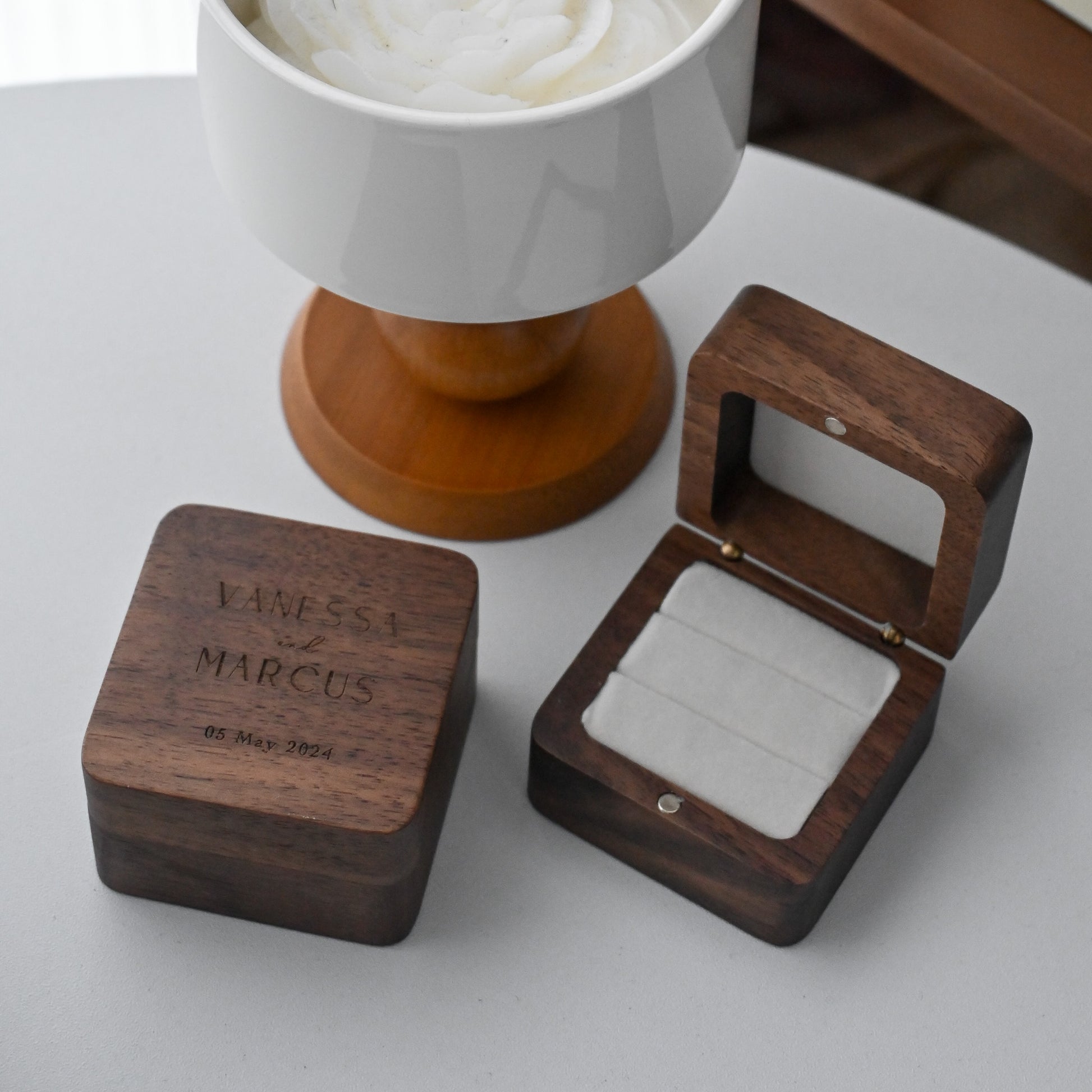 Personalised Wooden Ring Box engraved with names