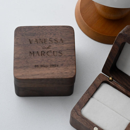 Personalised Wooden Ring Box engraved with names