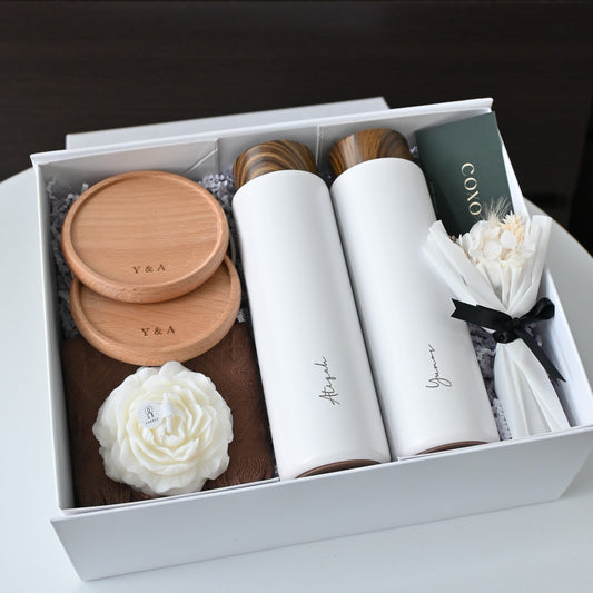 Personalised Wedding Gift Set with Thermos, coasters and candle - Infinity & Beyond Singapore