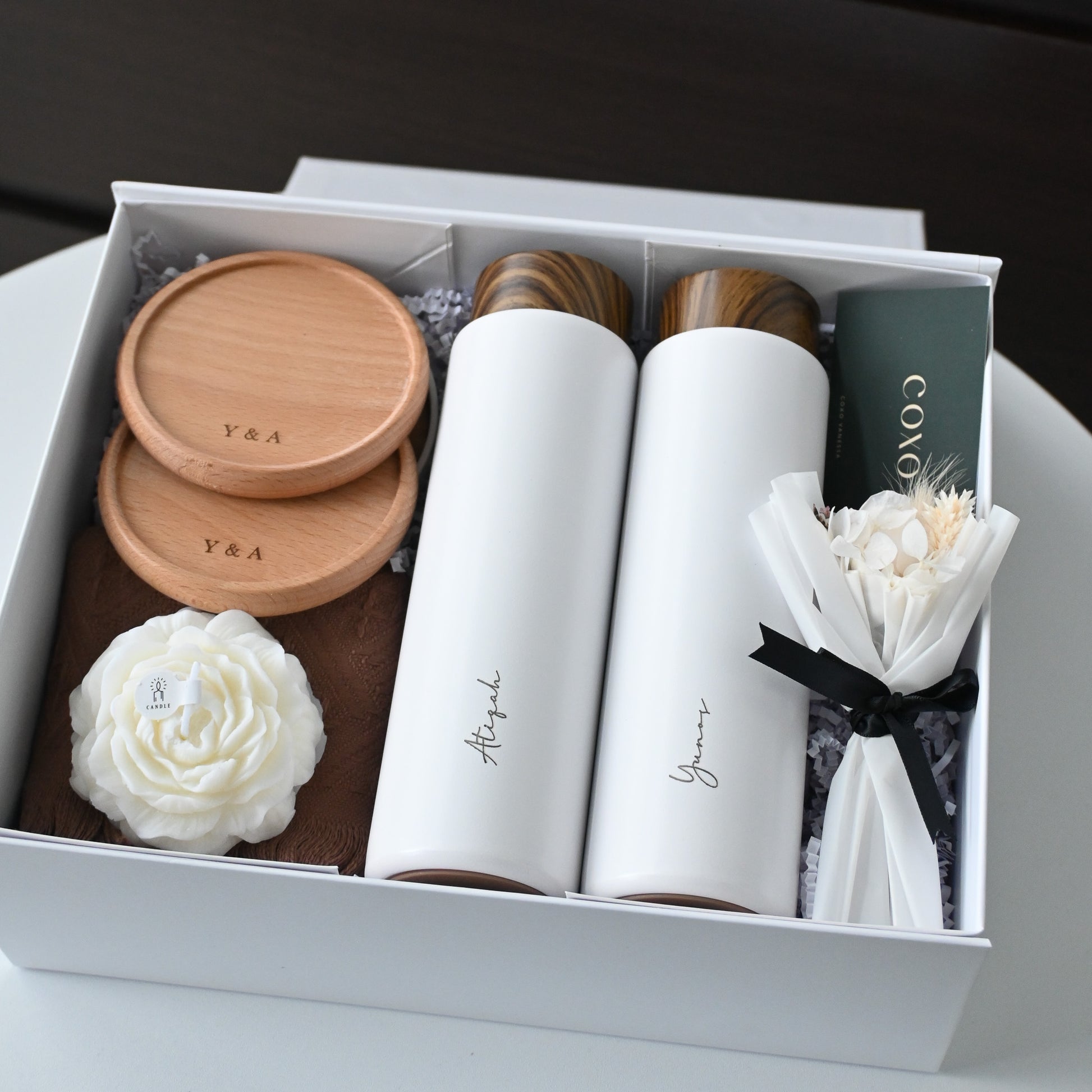 Personalised Wedding Gift Set with Thermos, coasters and candle - Infinity & Beyond Singapore