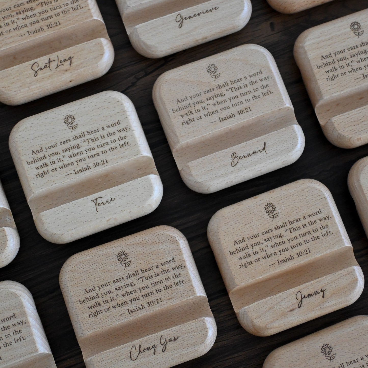 Personalised Engraved Wooden Phone Stand (Name & Quote) | Wedding Favours Singapore