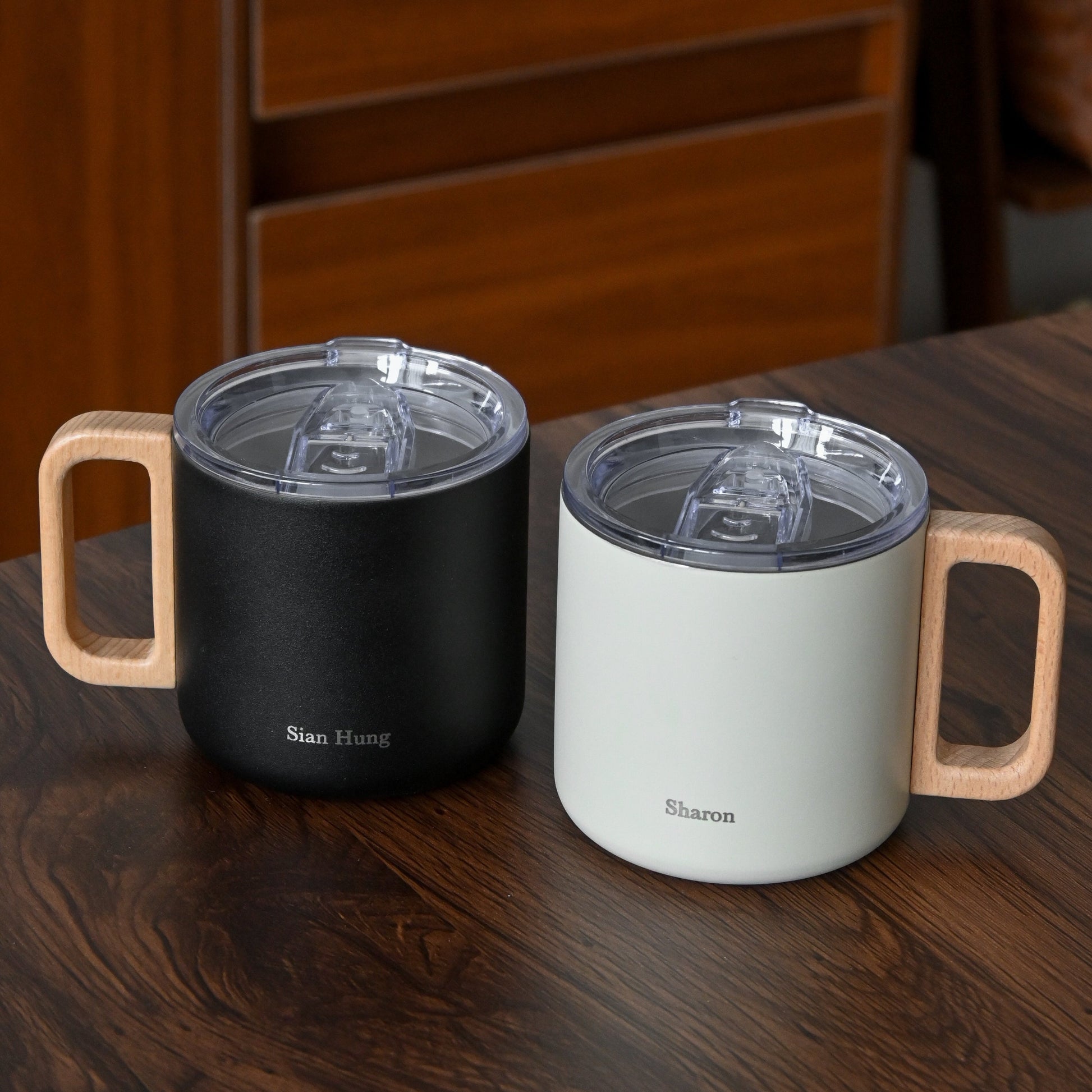 Personalised Engraved Coffee Mug with Birch Wood Handle (Black/White) Gift Singapore