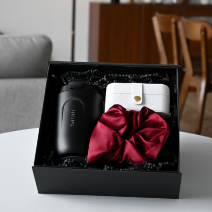 Personalised Black tumbler, white jewellery organiser, and red scrunchie in a black gift box 