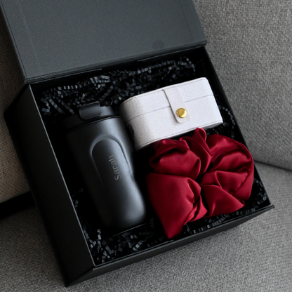 Personalised Black tumbler, white jewellery organiser, and red scrunchie in a black gift box 
