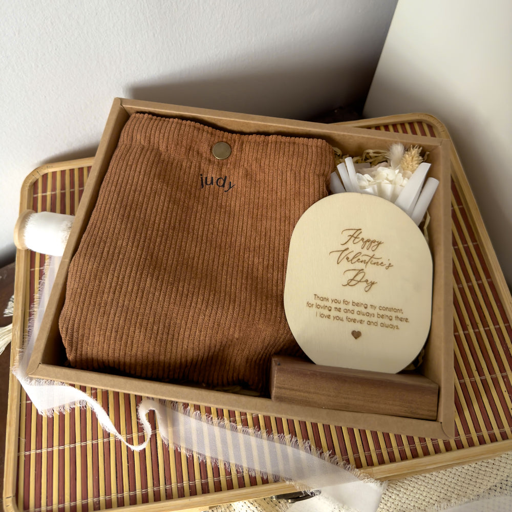 Personalised Mini Corduroy Brown Tote Bag Valentine's Gift Set Singapore