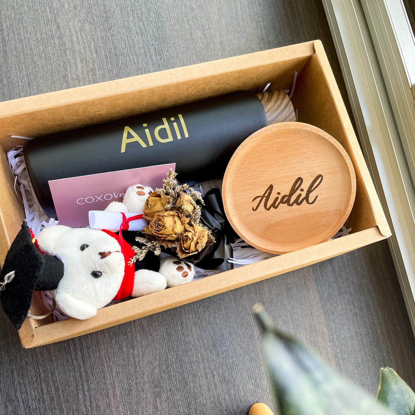 Personalised Graduation Gift Set Bottle Coaster Bear Singapore