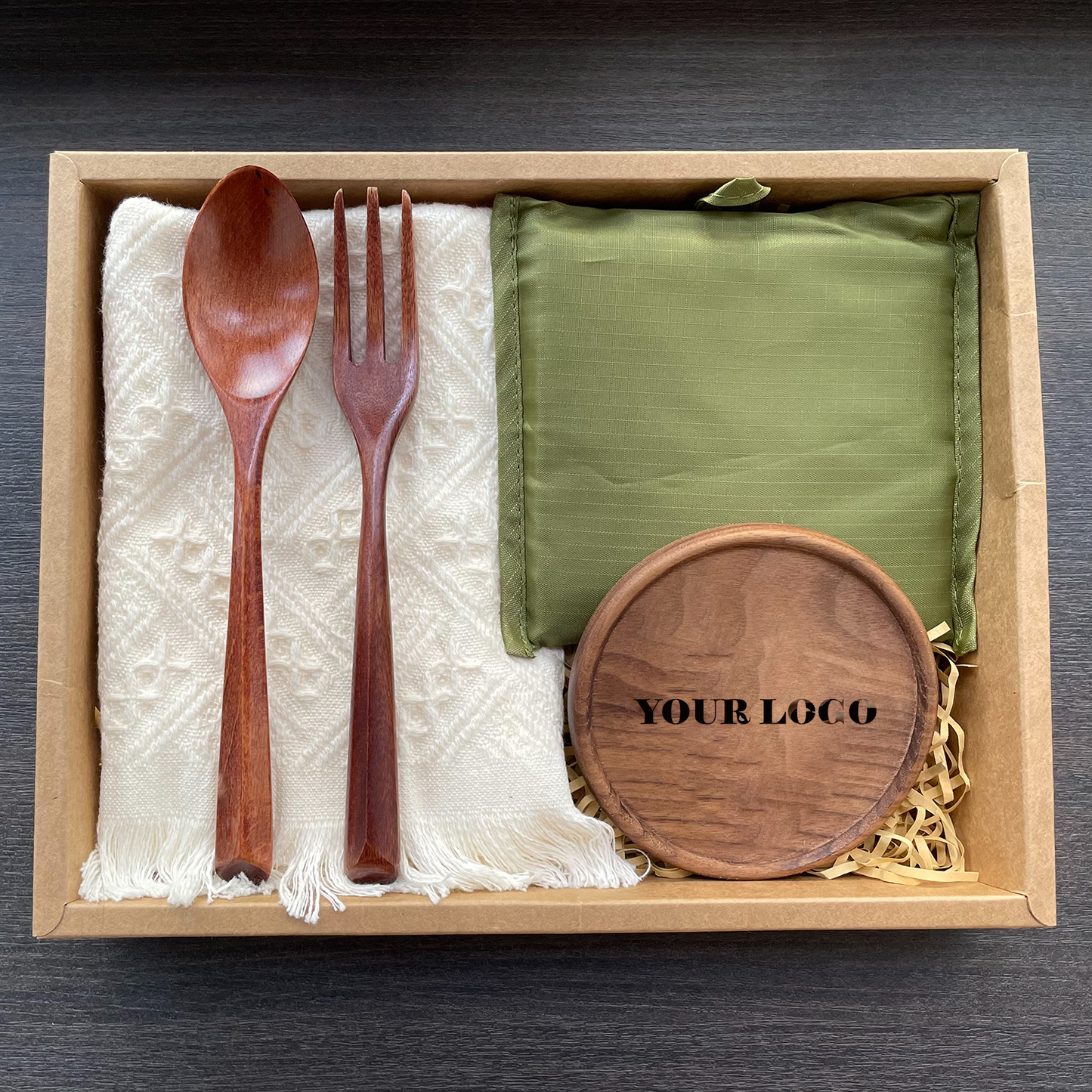 Wooden Coaster & Cutlery | Recycle Bag Gift Set - Walnut Wood