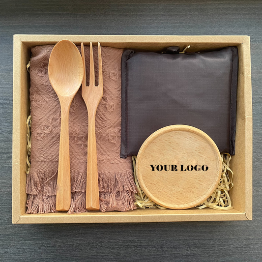 Wooden Coaster & Cutlery | Recycle Bag Gift Set - Birch Wood