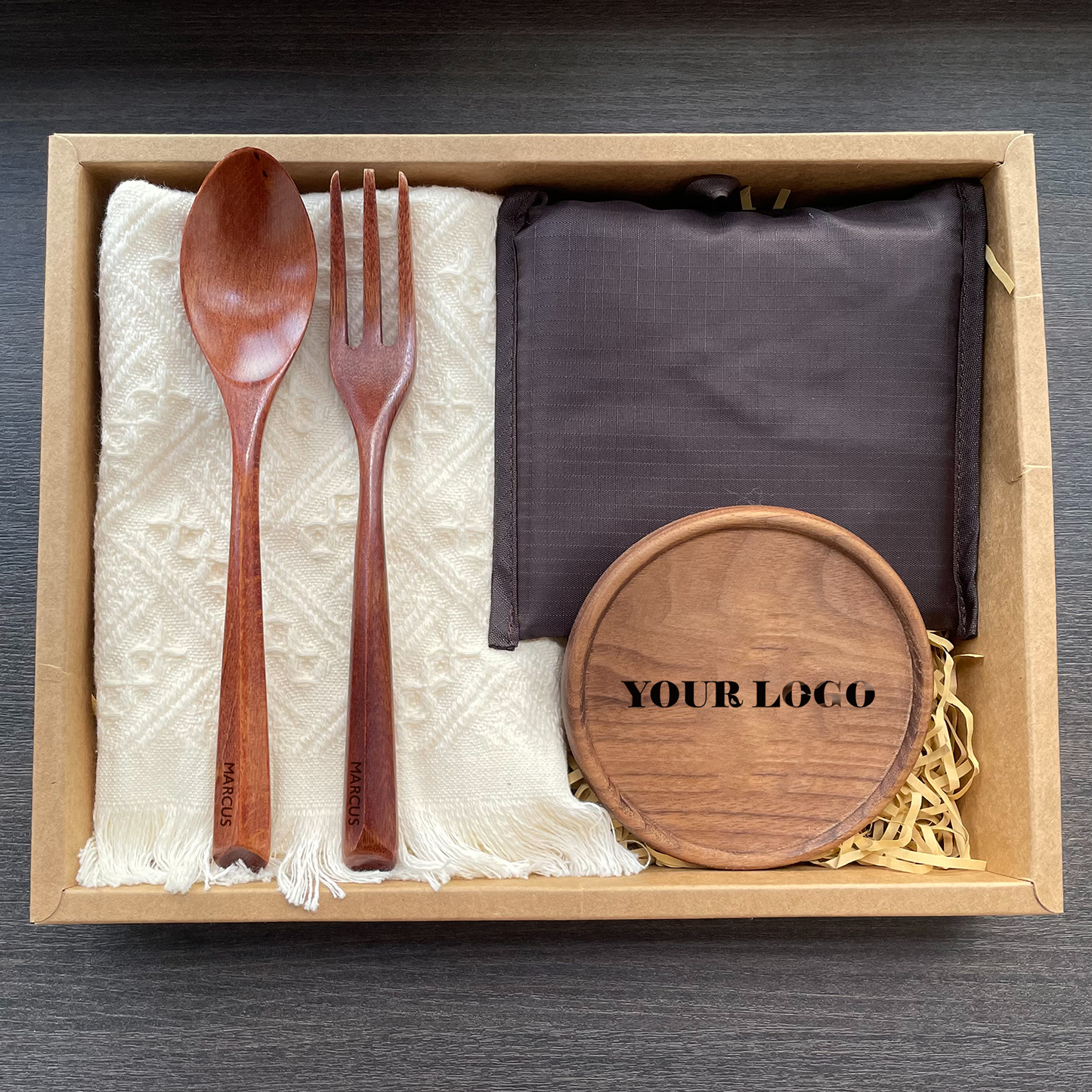 Wooden Coaster & Cutlery | Recycle Bag Gift Set - Walnut Wood